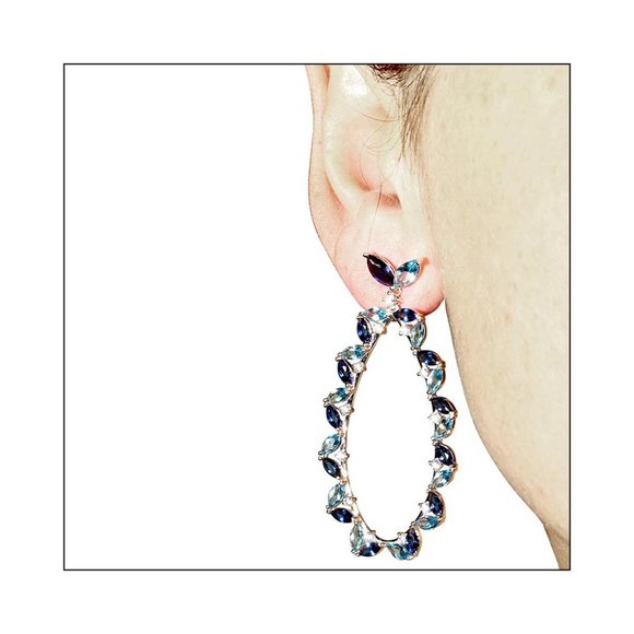 Silver 925 Blue CZ Hanging Oval Earrrings